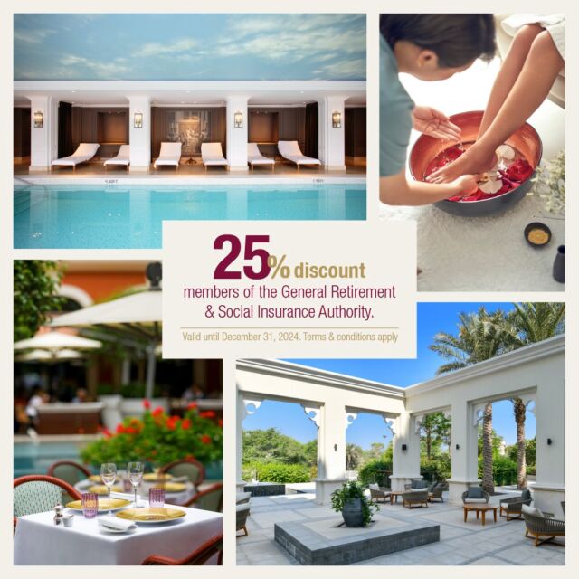 Enjoy an exclusive 25% discount on room bookings, dining, and spa treatments for members of the General Retirement & Social Insurance Authority. Indulge in luxury accommodations, delectable dining, and rejuvenating spa experiences across our properties. Don’t miss out on this offer valid until December 31, 2024. Terms & conditions apply.

 احصل على خصم حصري بنسبة ٢٥% على الغرف والأطعمة وعلاجات السبا لأعضاء الهيئة العامة للتقاعد والتأمين الاجتماعي. استمتع بإقامة فاخرة، بطعام لذيذ وعلاجات سبا منعشة في جميع فنادقنا. لا تفوت هذا العرض المتاح حتى 31 ديسمبر 2024. تطبق الشروط والأحكام